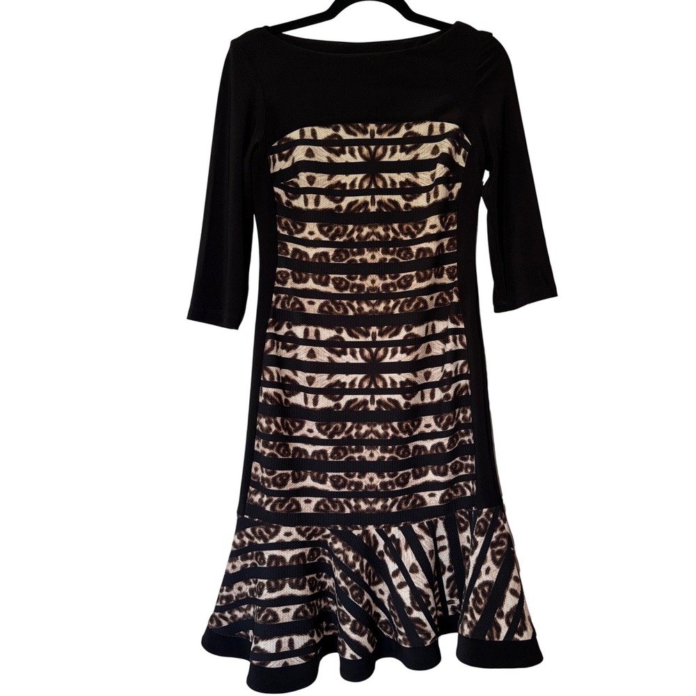 Joseph Ribkoff Leopard Stripe Mixed Media Flounce Hem Dress Black Brown Size 8
